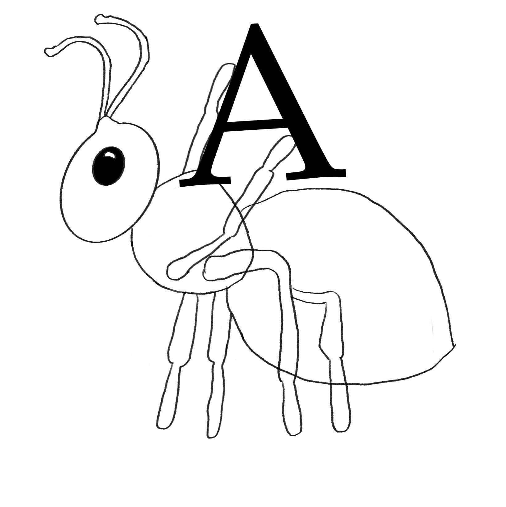 line drawing of an ant carring the letter A