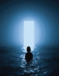 Blue water with open centered door emitting light. a person stands in the water walking towards the door.