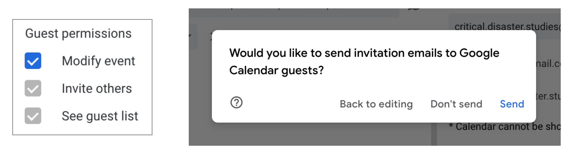 Google calendar event settings: Modify event checked, and send invitation email