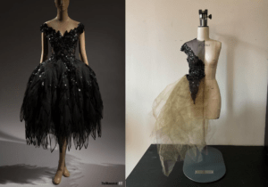 Half scale dress form containing tulle and sequin dress on the left side of the form. The right side is without clothing as a comparison