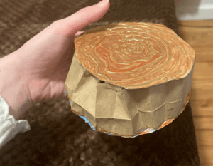 Touch object of giant sequoia tree made from cardboard. Final object is a short cylinder with raised circles made from hot glue to indicate the tree's rings