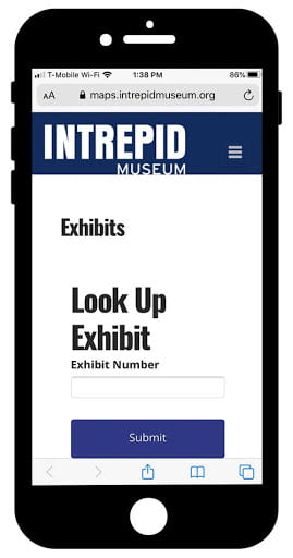 An image of the exhibit page of Intrepid Museum's mobile guide. The image captures the Look Up Exhibit functionality of the exhibit page.