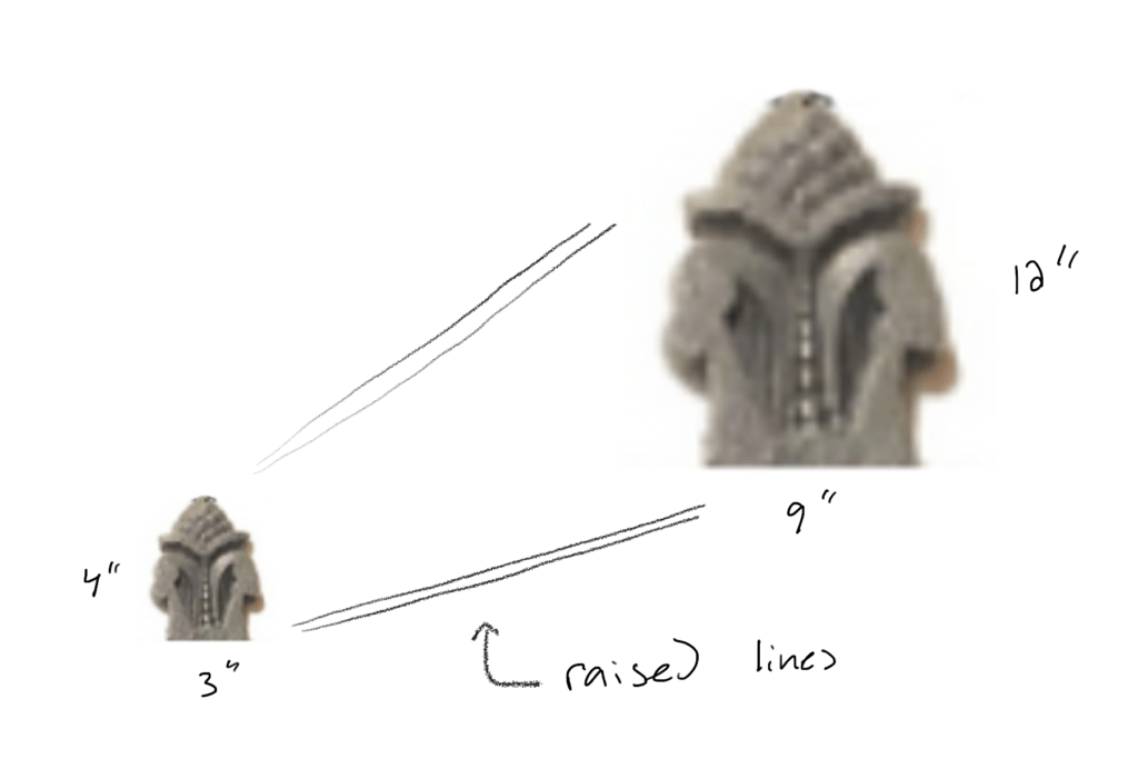 Image of proposed tactile interpretation showing a smaller version of the pinapple detail on the left and a version of the same detail on the right that is 3 times the size of the original. There are connecting lines between the images. There are also measurements for both. 3 inches wide by 4 inches tall for the small and 9 inches wide by 12 inches tall for the large. 