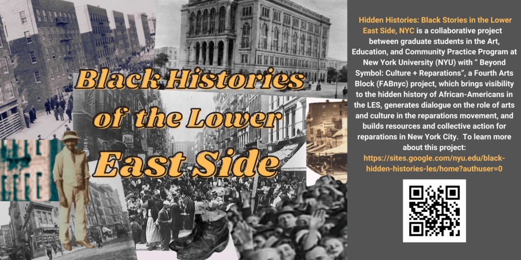 Collage of old black and white photos of New York buildings and people gathered and one sepia toned image of a black man. Text overlays image 