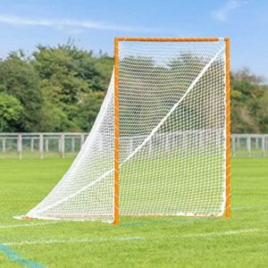 A six foot by six foot lacrosse net with orange steel frame and white net with small holes