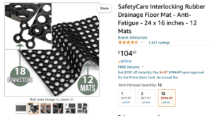 Product photo of folded black rubber mat with holes, next to Amazon product description