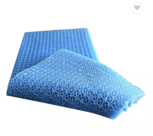 Folded blue gel mattress with quadrilateral holes on both sides