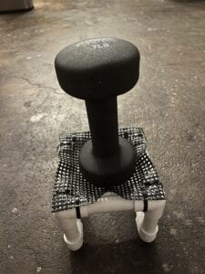 A 7 pound dumbbell sitting on top of a small PVC crib with a trampoline mesh top