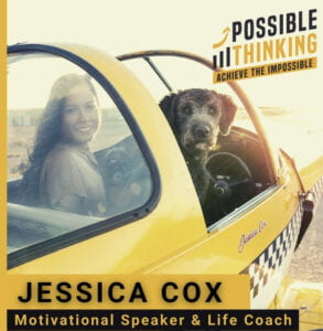 Jessica Cox and her black furry dog in the cockpit of a yellow plane, both turned around looking at the camera. The image reads, Jessica Cox Motivational Speaker and Life Coach. Possible thinking, achieve the impossible. The purpose of this image is to introduce our community partners. 