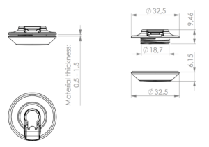 Technical drawings of the Fidlock snap showing that the diameter of the socket is 32.5mm. Its screw is 18.7mm wide, while its top and bottom halves are 9.46mm and 6.15mm respectively.