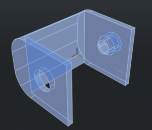 The image shows the 3D model view of the clamp for the Snap plug on the harness. One side of the clamp has a hole that can screw in the Snap. The other side has a hole for a screw that will tighten against the harness handle.