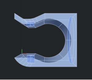 The image shows a 3D model side view of the clamp for the Snap socket for the cane. The opening for the cane is facing the left and the Snap connection is on the right side.