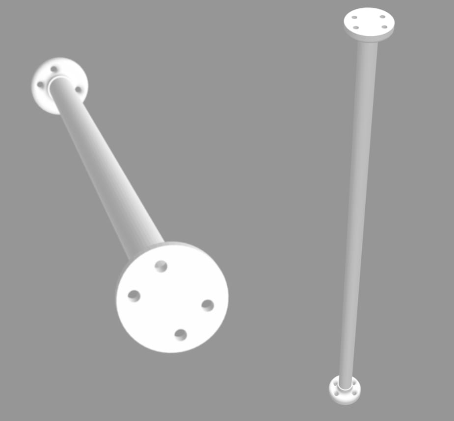 White 3D printed tension rod that’s cyclindrical with discs at the end with holes that can be used for sewing 