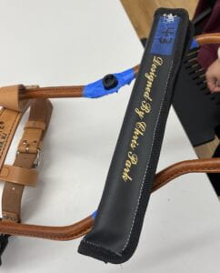 The image shows the sheath prototype attached to diagonally across the two legs of the harness.