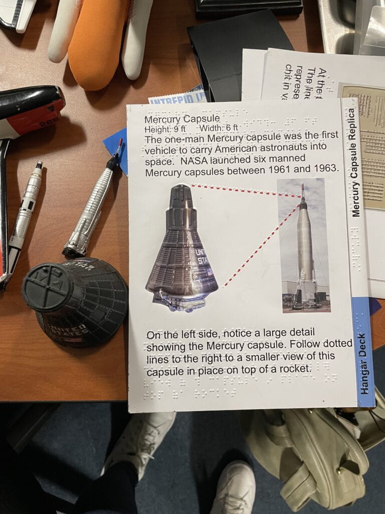 A tactile graphic of the Mercury Capsule alongside its 3D model