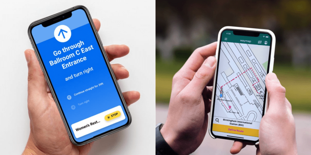 Photos of two hands holding different phones with Goodmaps application open on the left and Waymap application open on the right. Both applications are showing directions for different locations.