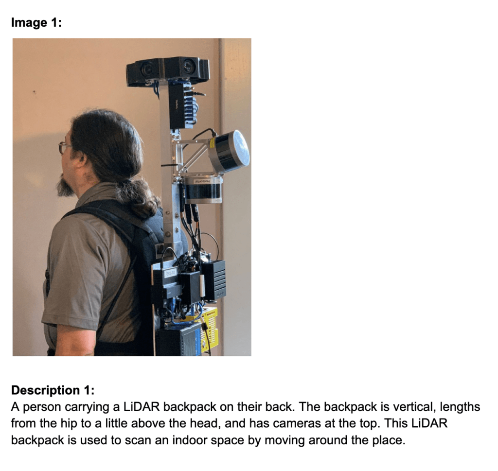 A screenshot from Google Docs showing an image of a person carrying a LiDAR backpack with its description.