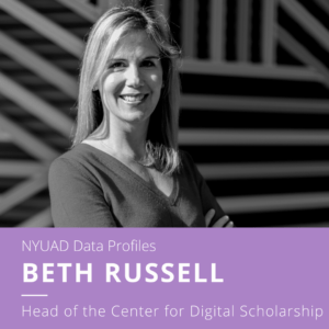 Black and white photo of Beth Russell with a purple bar below her photo