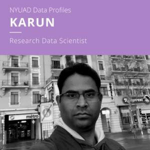 purple bar at top of image with a black and white image of Karun filling the bottom two thirds