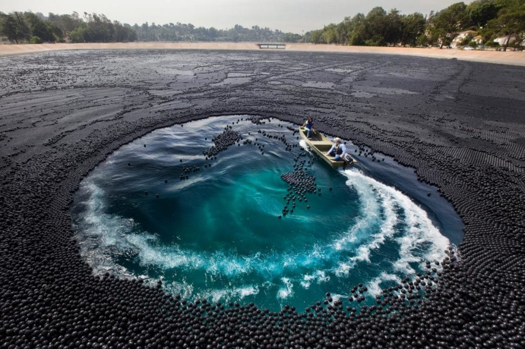 Reservoir covered in shade balls.