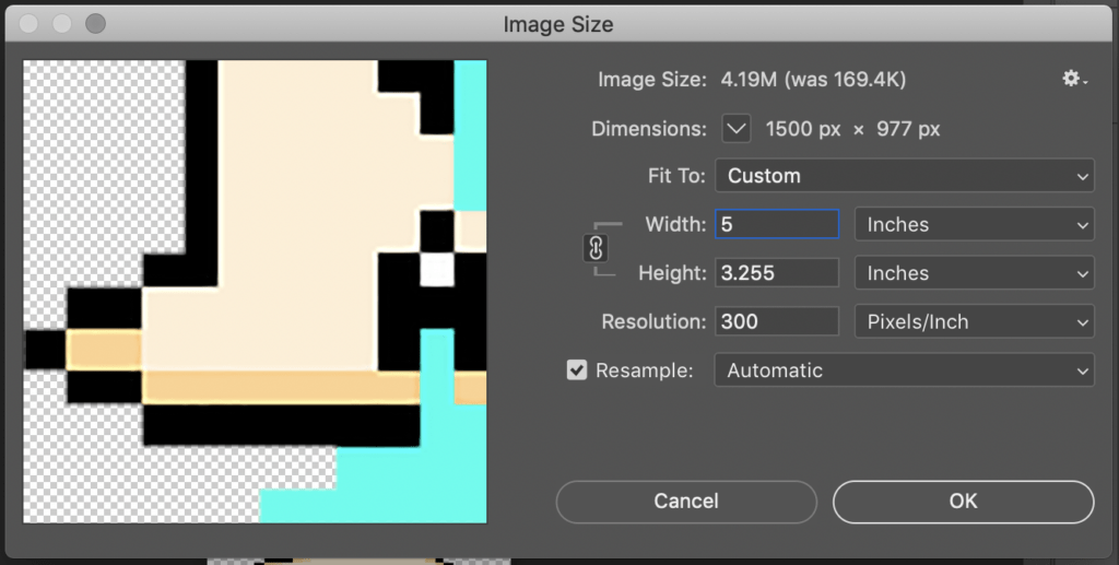 A screenshot of the Image Size Menu. The Resample box is set to Automatic. In the image preview, there is some distortion and blurring. 