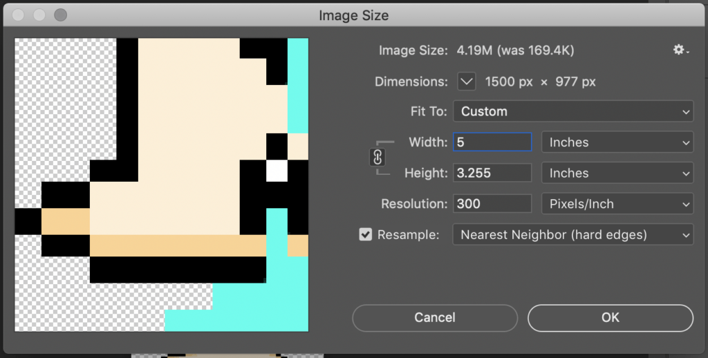 A screenshot of the Image Size Menu. The Resample box is set to Nearest Neighbor (hard edges). In the image preview, the image has crisp edges.