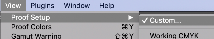 A screenshot of the menu in photoshop. In the top menu bar, "View" is selected, and then "Proof Setup" is selected from the dropdown menu. "Custom" is then chosen from the drop down menu that opens to the right. 