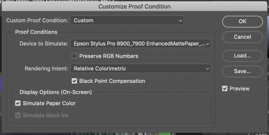 A screenshot of the Customize Proof Condition Window. Next to "Device to Simulate" is a drop down menu where "Epson Stylus Pro 9900_7900 EnhancedMattePaper" is selected.