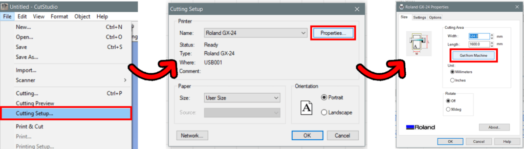 A series of screenshots from Roland CutStudio. The first shows the "File" dropdown with "Cutting Setup..." highlighted. The next screenshot shows the "Cutting Setup" dialog window, with the "Properties..." button highlighted. The third screenshot shows the "Properties" dialog, with the "Get from Machine" button highlighted.