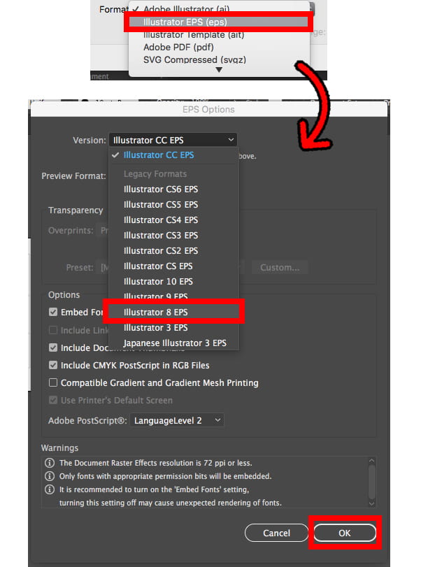 A screenshot from Adobe Illustrator showing the file format drop down in the "Save As" menu, with ".eps" highlighted. The bottom of the image shows the "EPS Options" window, where "Illustrator 8" is selected as the "Version". There is also a red rectangle highlighting the "OK" button.