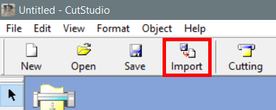 A screenshot of the top menu bar in Roland Cut Studio. The shortcut for "Import" is highlighted with a red box.