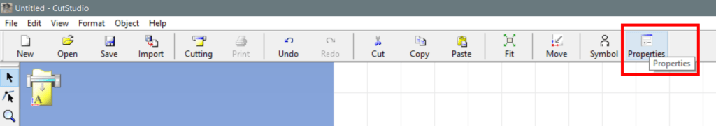 A screenshot of the top menu bar in Roland CutStudio. The shortcut for "Properties" is highlighted with a red square. 