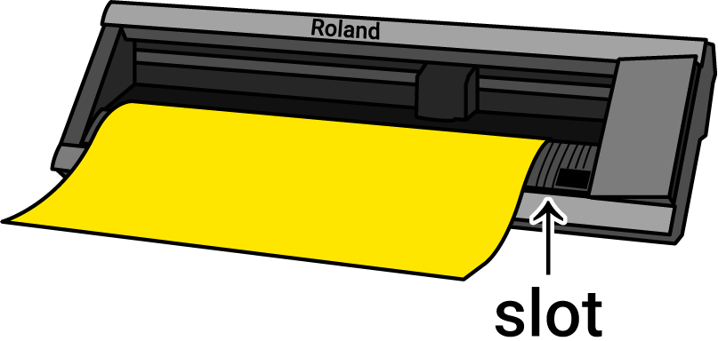 An Illustration of the vinyl cutter. There is an arrow pointing to a slot in the machine between the plastic and metal parts of the machine.