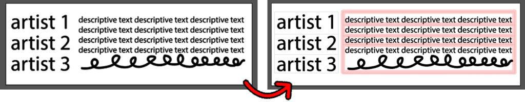 Two screenshots of a paragraph of filler text in adobe Illustrator. The images on the left shows text as it appears by default, while the image on the right shows the text after lines have been added around each line of text.