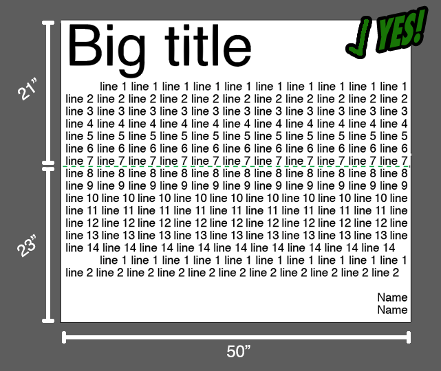 A block of text with "Big Title" at the top and a paragraph of filler text. There is a horizontal green dashed line partway through the text. The overall image is labeled as being 50 inches wide. The portion above the dashed line is labeled as being 21 inches in height, and the portion below is labeled as 23 inches in height. There is a green checkmark and "Yes!" text.