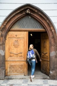 Student entering Blue Building