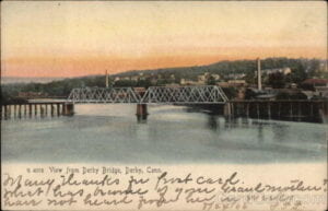 Old color postcard of the railroad bridge over the Housatonic at Derby, Conn.