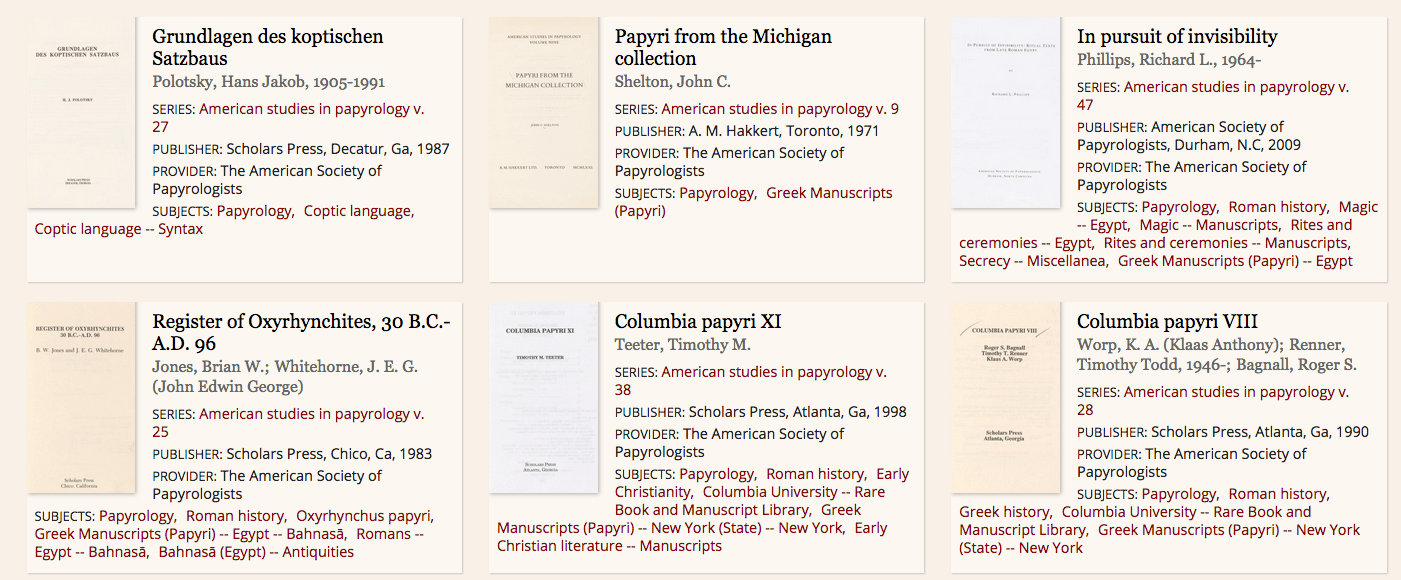 Books from the American Society of Papyrologists on the Ancient World Digital Library site