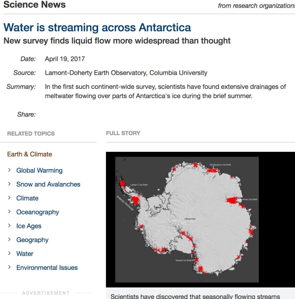 Scientists have discovered that seasonally flowing streams fringe much of Antarctica's ice. Each red 'X' represents a separate drainage. Up to now, such features were thought to exist mainly on the far northerly Antarctic Peninsula (upper left). Their widespread presence signals that the ice may be more vulnerable to melting than previously thought.