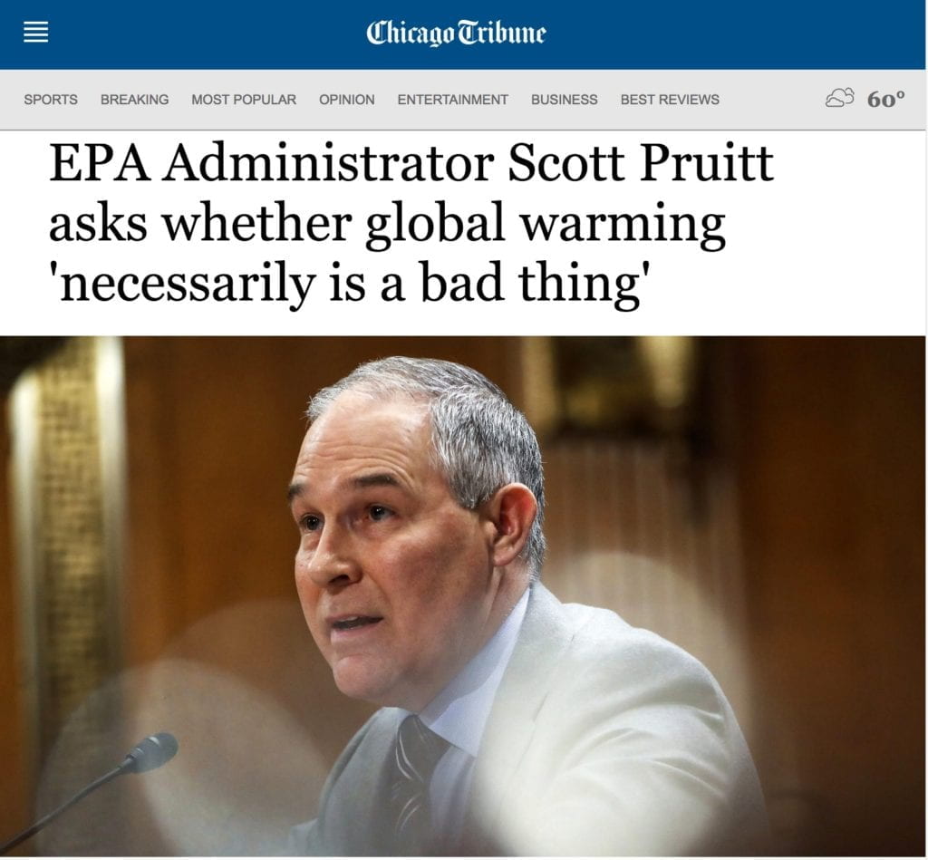 a warmer atmosphere might not be so awful for human beings, according to Pruitt. "We know humans have most flourished during times of what, warming trends," Pruitt said Tuesday during an interview on KSNV, an NBC affiliate in Las Vegas. "So I think there's assumptions made that because the climate is warming, that that necessarily is a bad thing. Do we really know what the ideal surface temperature should be in the year 2100, in the year 2018? That's fairly arrogant for us to think that we know exactly what it should be in 2100.