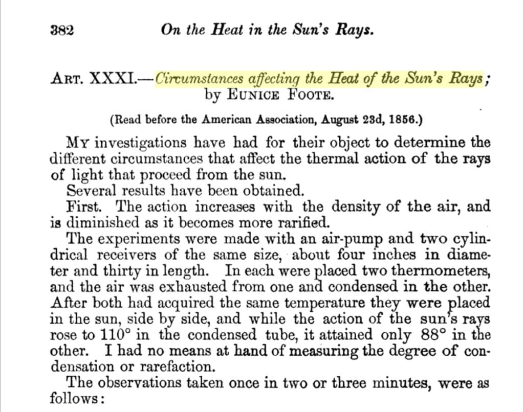 Circumstances Affecting the Heat of the Sun’s Rays, Eunice Foote 1856