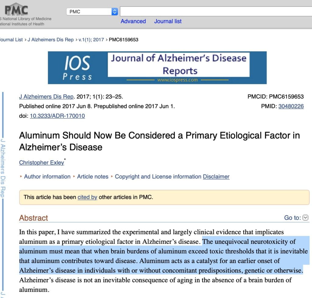 Aluminum Should Now Be Considered a Primary Etiological Factor in Alzheimer’s Disease