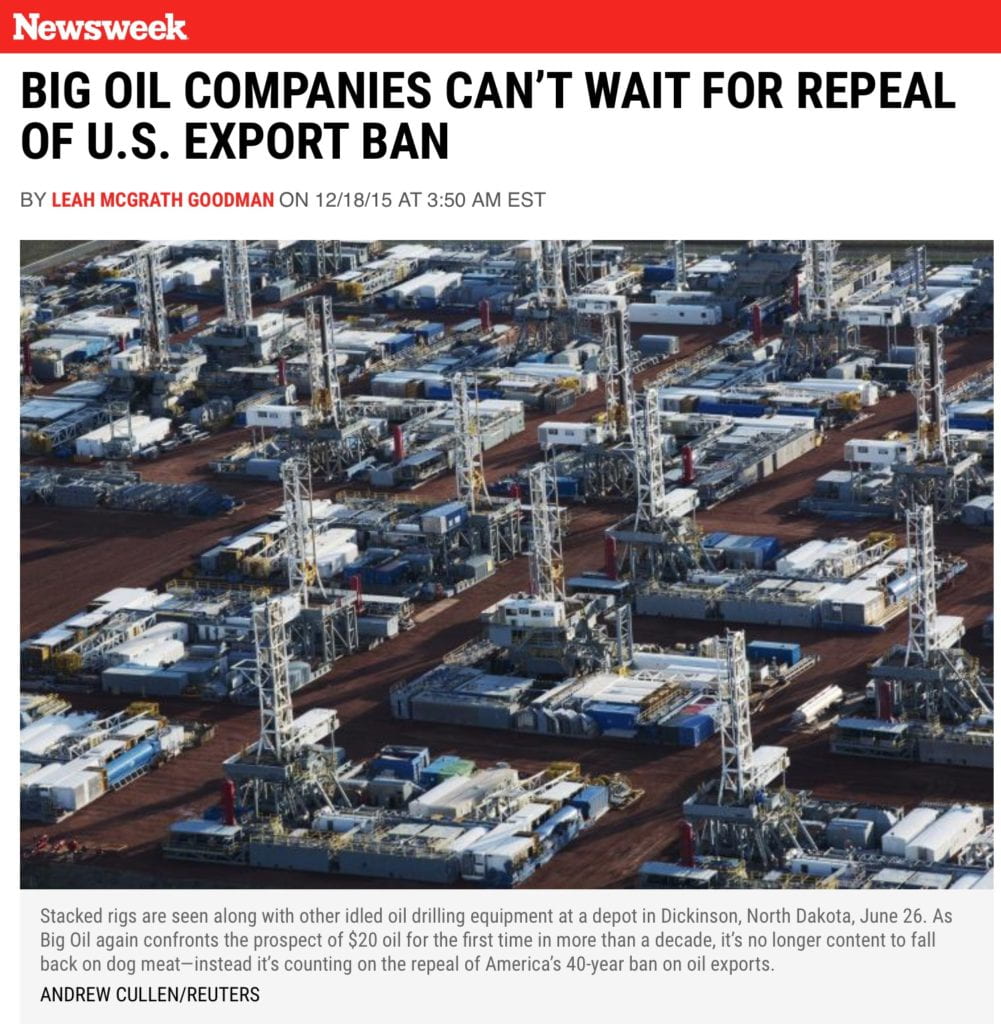 Stacked rigs are seen along with other idled oil drilling equipment at a depot in Dickinson, North Dakota, June 26. As Big Oil again confronts the prospect of $20 oil for the first time in more than a decade, it’s no longer content to fall back on dog meat—instead it’s counting on the repeal of America’s 40-year ban on oil exports.