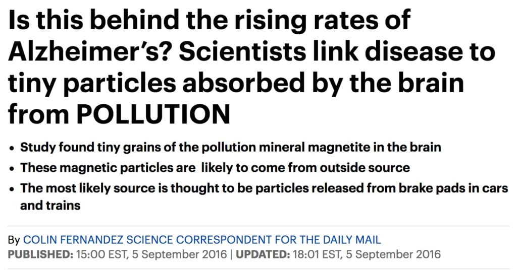 Tiny particles of pollution have been discovered inside samples of brain tissue, according to new research. Suspected of toxicity, the particles of iron oxide could conceivably contribute to diseases like Alzheimer's - though evidence for this is lacking. The finding - described as "dreadfully shocking" by the researchers - raises a host of new questions about the health risks of air pollution. Many studies have focused on the impact of dirty air on the lungs and heart. Now this new research provides the first evidence that minute particles of what is called magnetite, which can be derived from pollution, can find their way into the brain. Earlier this year the World Health Organisation warned that air pollution was leading to as many as three million premature deaths every year. Tracing origins The estimate for the UK is that 50,000 people die every year with conditions linked to polluted air. The research was led by scientists at Lancaster University and is published in the Proceedings of the National Academy of Sciences (PNAS). The team analysed samples of brain tissue from 37 people - 29 who had lived and died in Mexico City, a notorious pollution hotspot, and who were aged from 3 to 85. The other 8 came from Manchester, were aged 62-92 and some had died with varying severities of neurodegenerative disease. The lead author of the research paper, Prof Barbara Maher, has previously identified magnetite particles in samples of air gathered beside a busy road in Lancaster and outside a power station. She suspected that similar particles may be found in the brain samples, and that is what happened. "It's dreadfully shocking. When you study the tissue you see the particles distributed between the cells and when you do a magnetic extraction there are millions of particles, millions in a single gram of brain tissue - that's a million opportunities to do damage." Computer artwork showing amyloid plaques (in brown) in the brain which kill surrounding neurons (in blue)Image copyrightALFRED PASIEKA/SCIENCE PHOTO LIBRARY Image caption A link to Alzheimer's and other diseases is under investigation Further study revealed that the particles have a distinctive shape which provides a crucial clue to their origin. Magnetite can occur naturally in the brain in tiny quantities but the particles formed that way are distinctively jagged. By contrast, the particles found in the study were not only far more numerous but also smooth and rounded - characteristics that can only be created in the high temperatures of a vehicle engine or braking systems. Prof Maher said: "They are spherical shapes and they have little crystallites around their surfaces, and they occur with other metals like platinum which comes from catalytic converters. "So for the first time we saw these pollution particles inside the human brain. "It's a discovery finding. It's a whole new area to investigate to understand if these magnetite particles are causing or accelerating neurodegenerative disease." For every one natural magnetite particle identified, the researchers found about 100 of the pollution-derived ones. The results did not show a straightforward pattern. While the Manchester donors, especially those with neurodegenerative conditions, had elevated levels of magnetite, the same or higher levels were found in the Mexico City victims. The highest level was found in a 32-year-old Mexican man who had been killed in a traffic accident. Disease risk? Dubbed "nanospheres", the particles are less than 200 nanometres in diameter - by comparison, a human hair is at least 50,000 nanometres thick. While large particles of pollution such as soot can be trapped inside the nose, smaller types can enter the lungs and even smaller ones can cross into the bloodstream. But nanoscale particles of magnetite are believed to be small enough to pass from the nose into the olfactory bulb and then via the nervous system into the frontal cortex of the brain. Prof David Allsop, a specialist in Alzheimer's and other neurodegenerative diseases, is a co-author of the study and also at Lancaster University. He said that pollution particles "could be an important risk factor" for these conditions. "There is no absolutely proven link at the moment but there are lots of suggestive observations - other people have found these pollution particles in the middle of the plaques that accumulate in the brain in Alzheimer's disease so they could well be a contributor to plaque formation. "These particles are made out of iron and iron is very reactive so it's almost certainly going to do some damage to the brain. It's involved in producing very reactive molecules called reaction oxygen species which produce oxidative damage and that's very well defined. "We already know oxidative damage contributes to brain damage in Alzheimer's patients so if you've got iron in the brain it's very likely to do some damage. It can't be benign." Other experts in the field are more cautious about a possible link. Dr Clare Walton, research manager at the Alzheimer's Society, said there was no strong evidence that magnetite causes Alzheimer's disease or makes it worse. "This study offers convincing evidence that magnetite from air pollution can get into the brain, but it doesn't tell us what effect this has on brain health or conditions such as Alzheimer's disease," she said. "The causes of dementia are complex and so far there hasn't been enough research to say whether living in cities and polluted areas raises the risk of dementia. Further work in this area is important, but until we have more information people should not be unduly worried." She said that in the meantime more practical ways of lowering the chances of developing dementia including....