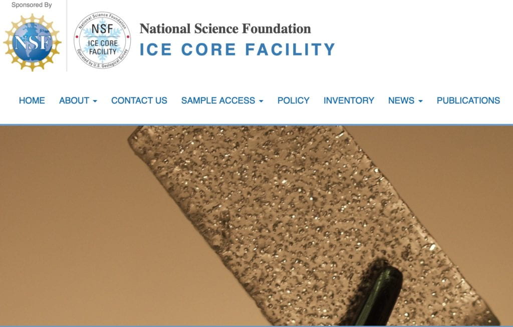 splash page for National Science Foundation Ice Core Facility