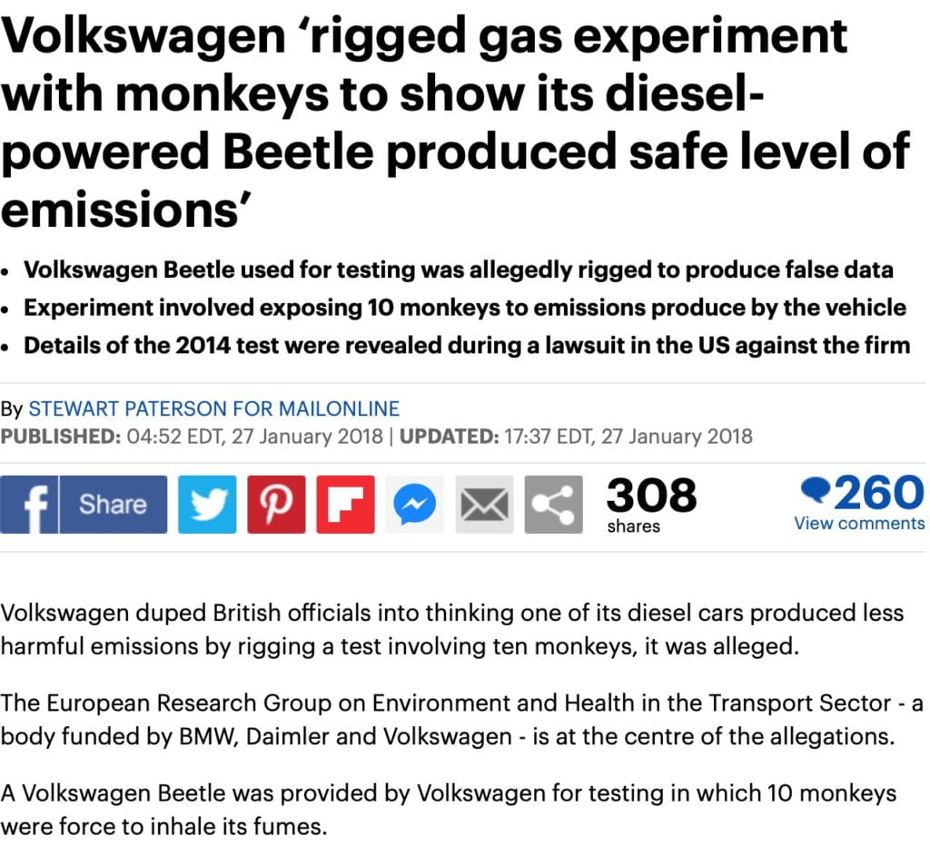 Volkswagen gassed monkeys in testing