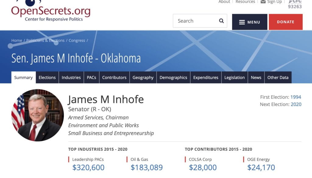 Senator Inhofe money and fossil fuel