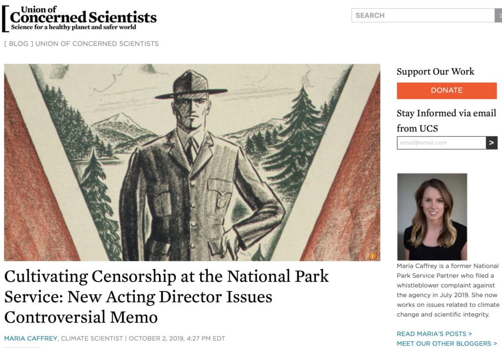 Cultivating Censorship at the National Park Service: New Acting Director Issues Controversial Memo MARIA CAFFREY, CLIMATE SCIENTIST 