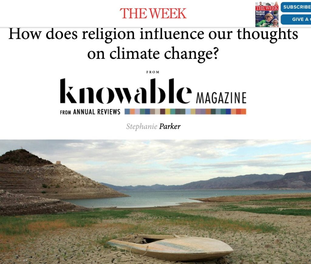 Cover of a magazine article: How does religion influence thinking about climate change - Stephanie Parker, Knowable Magazine