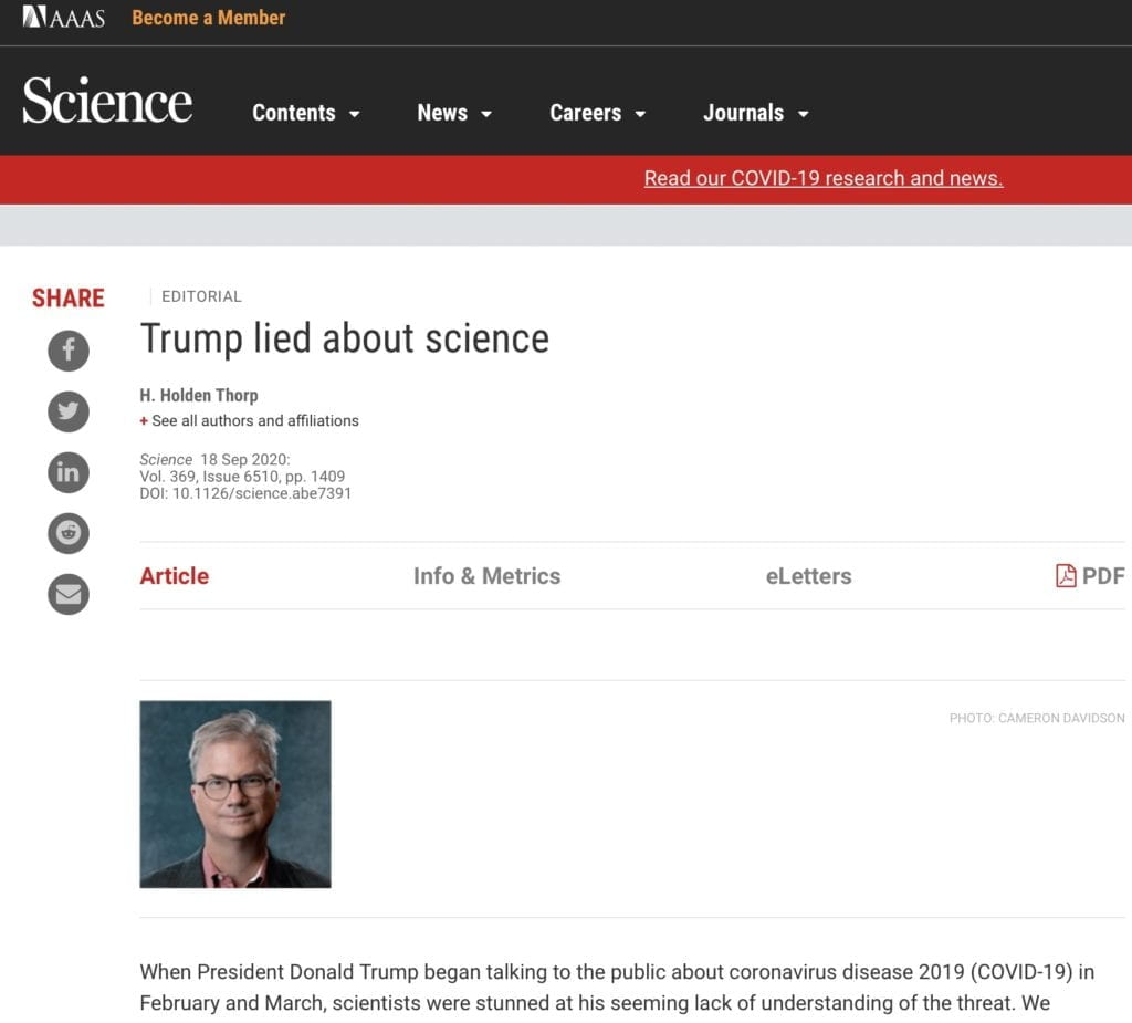 As he was playing down the virus to the public, Trump was not confused or inadequately briefed: He flat-out lied, repeatedly, about science to the American people. These lies demoralized the scientific community and cost countless lives in the United States.